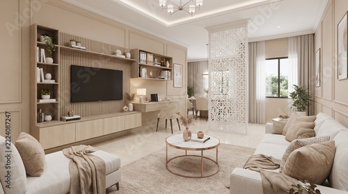 Contemporary Living Room Interior Design – Sophisticated and Inviting Space Featuring Elegant Furniture, Comfortable Seating, Stylish Wall Treatments, Harmonious Colour Schemes, Refined Decorative Acc