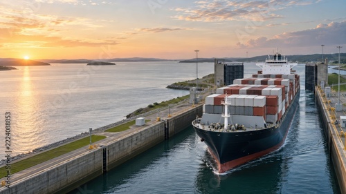 Container ship passes through a lock at sunset in a waterway surrounded by hills