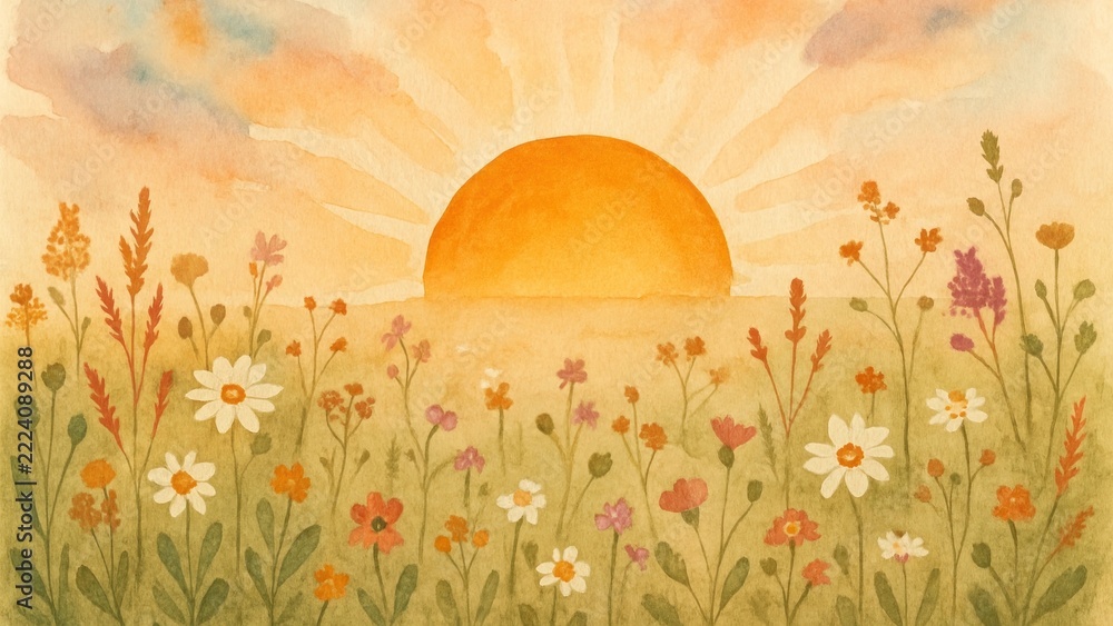 Fototapeta premium Watercolor sunrise over floral meadow.