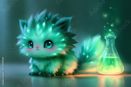 Fluffy creature with glowing particles sits beside a bubbling beaker.