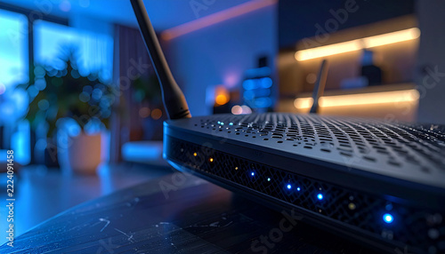 Wireless Router in Modern Home: A sleek wireless router with illuminated indicator lights sits on a polished surface, offering seamless connectivity within a contemporary living space.