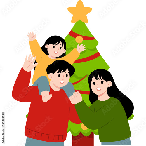 Handdrawn Family Decorating Christmas Tree