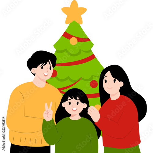 Handdrawn Family Decorating Christmas Tree