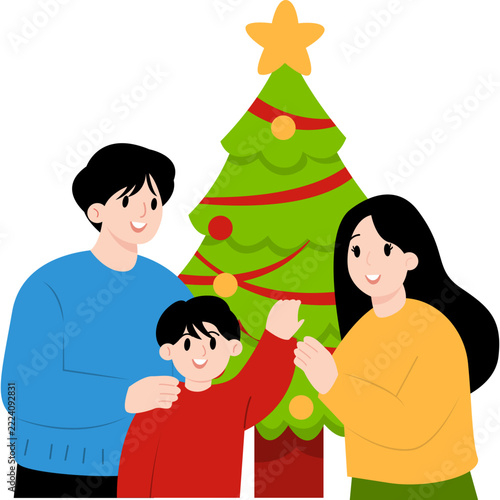 Handdrawn Family Decorating Christmas Tree