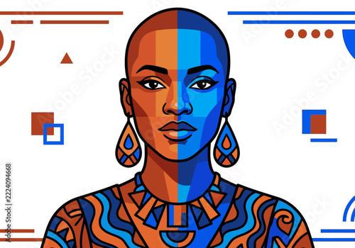 Bold Woman Portrait, Geometric Patterns, Dual Color Scheme, Abstract Art Style