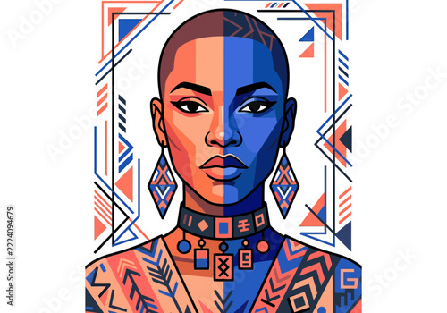 Bold Tribal Woman Portrait, Geometric Patterns, African Art Style