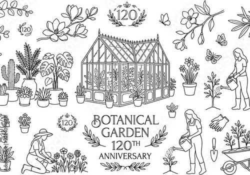 Botanical Garden 120th Anniversary Illustration: Greenhouse, Plants, Gardening People, Butterflies