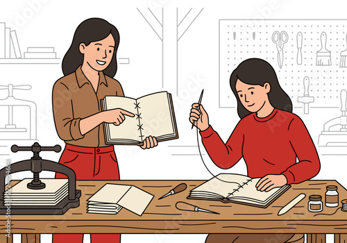 Bookbinding Workshop: Teacher Instructing Student in Crafting Handmade Books