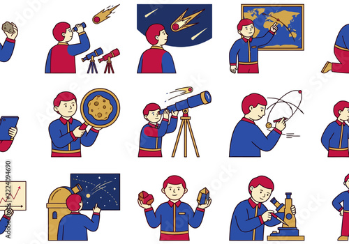 Boy learning astronomy, meteorites, telescope, microscope, planets, stars, space exploration
