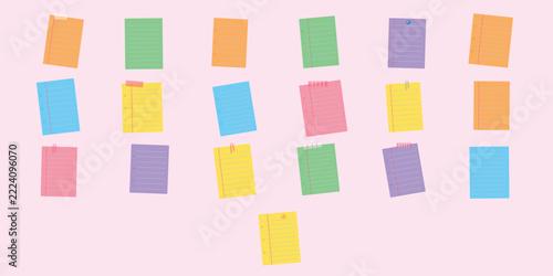 Collection of mixed torn paper pieces including white paper strip, kraft paper, grid note and small scrap with paperclip on transparent background