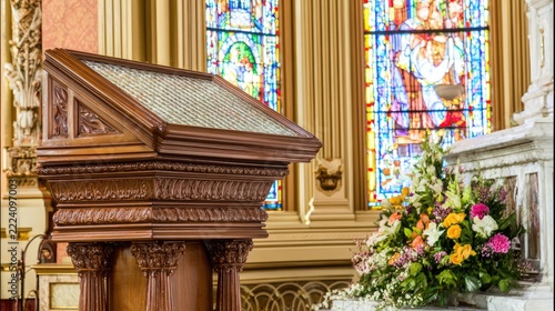 Church Podium Surrounded by Floral Arrangements with Stained Glass Window Lighting