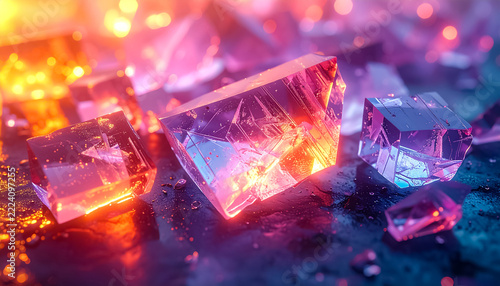 Abstract macro of glowing geometric crystals with vibrant neon lighting