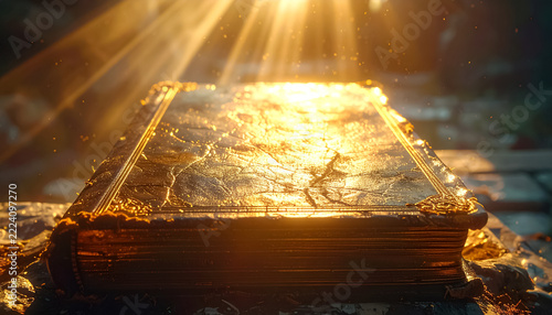 Ancient leather book illuminated by mystical golden sunlight rays