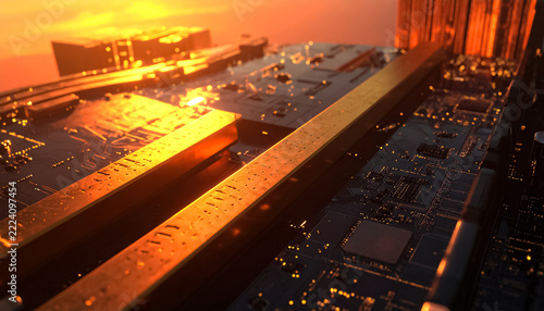 Futuristic Gold and Dark Circuit Board in Golden Hour Light
