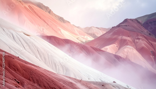 Vibrant Pink and Red Layered Mountain Landscape with Soft Mist