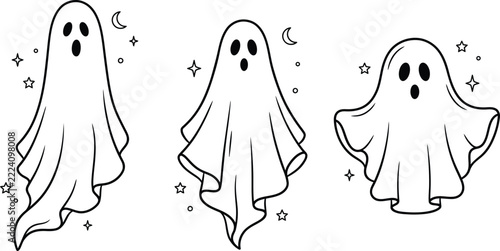 A charming set of three hand-drawn Halloween ghosts, each with unique expressions and poses, surrounded by stars and a crescent moon. Perfect for holiday designs.