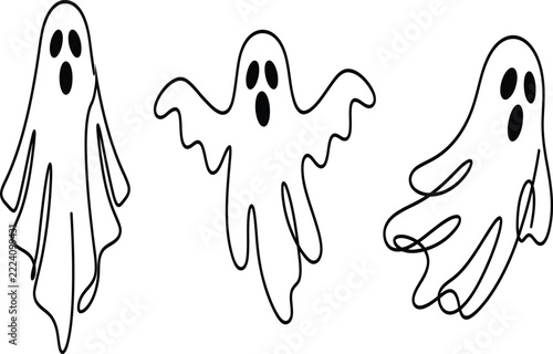 A trio of whimsical and spooky ghost illustrations, each drawn with a single continuous line, perfect for Halloween designs, decorations, or digital art projects.