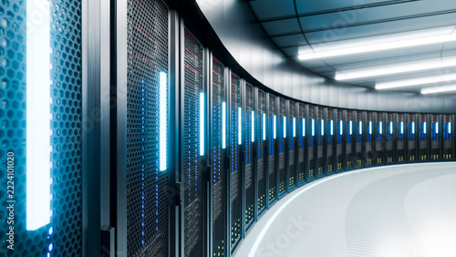 Curved server racks with led lights in modern data center