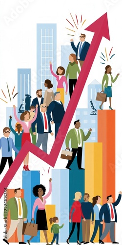 Diverse group of people celebrates upward trending progress on a stylized graph.