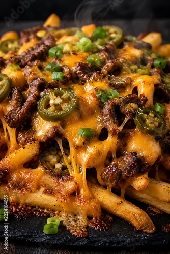 Loaded steak fries with melted cheddar cheese and jalapeños on a dark slate during a culinary close-up