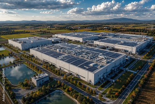 Modern industrial complex with solar panels on rooftops during golden hour autumn landscape