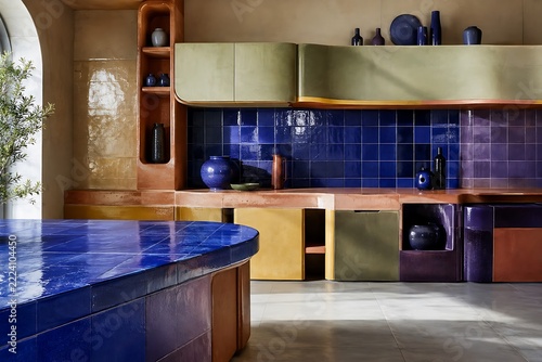 Modern Kitchen Interior with Curved Blue Countertop and Colorful Cabinetry during Soft Ambient Lighting
