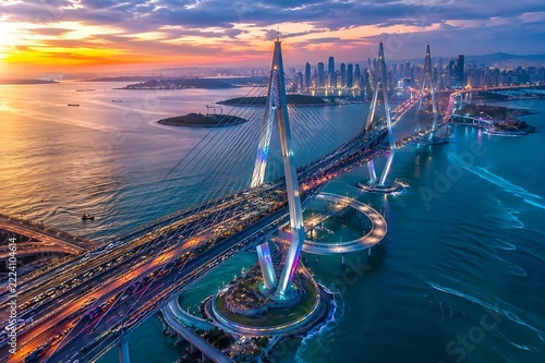 Modern cable-stayed bridge at sunset with city skyline in background and vibrant lights over water