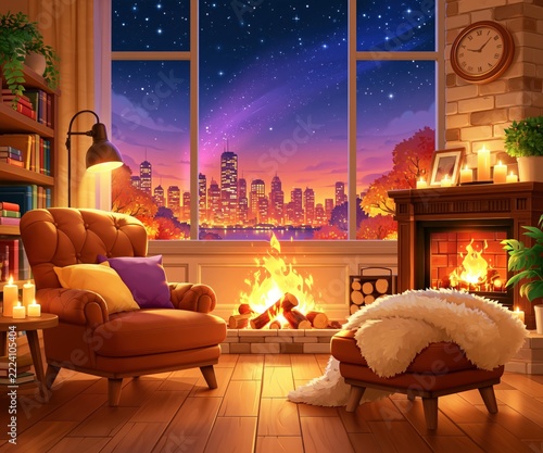 Cozy living room scene with a roaring fireplace and city skyline view at dusk.