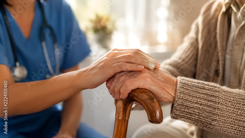 Nurse's gentle hand resting on elderly patient's cane during warm indoor support