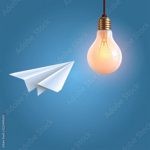 White paper airplane flies towards a glowing light bulb against a blue background.