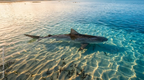 Majestic wild shark gracefully cruising through crystal clear turquoise shallow coastal waters during morning golden hour shark swimming shallow water marine wildlife ocean predator coastal sea