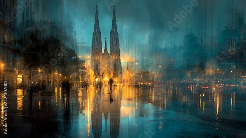 A glowing cathedral with twin spires reflects on a rainy night, surrounded by a cityscape with blurred lights and water puddles.