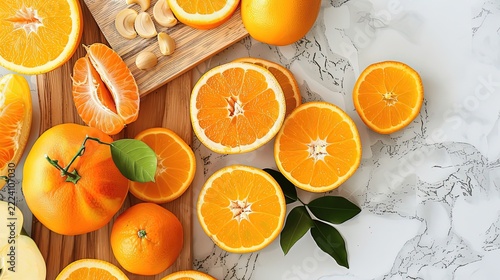 Fresh Orange Slices and Whole Oranges on Marble Background