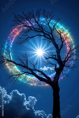 Enchanted Tree Silhouette with Colorful Halo and Bright Sunlight