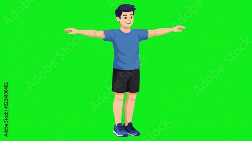 Man in sportswear stretching arms on green screen chroma key