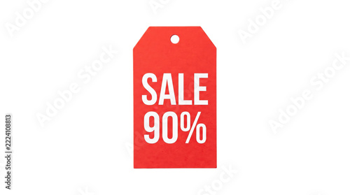 Red sale tag marked 90 percent discount on transparent background. Retail promotion and clearance sale. Shopping bargain, price reduction and consumer deal concept.