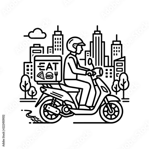 Food Delivery Courier on Scooter Linear Illustration