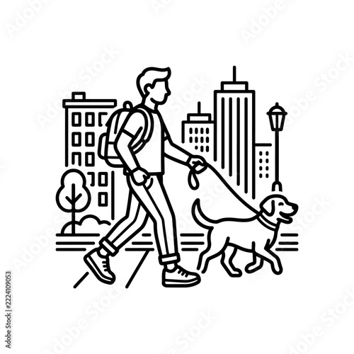 Man Walking Dog in City Park Line Art Icon