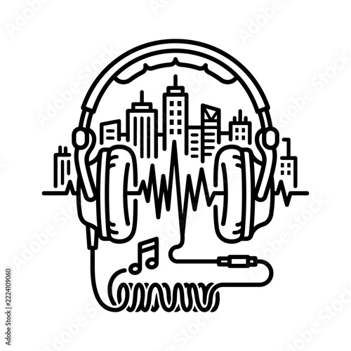 Headphones with City Skyline and Sound Wave Concept Icon
