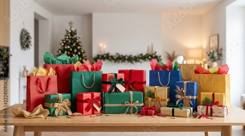 Colorful Christmas gifts wrapped and ready for holiday celebration on wooden table