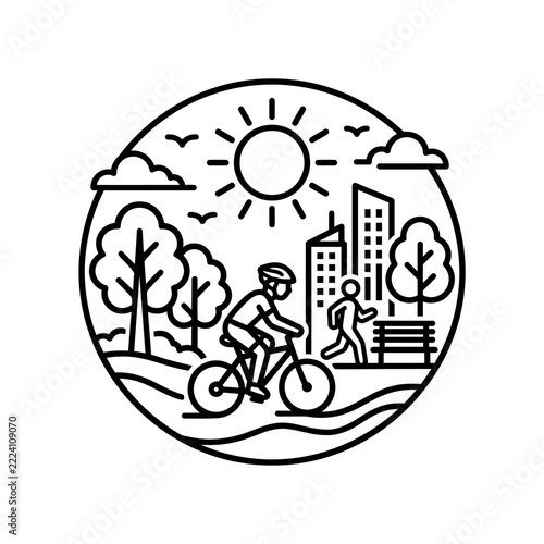 Active Urban Lifestyle Linear Icon in Circle Featuring Cyclist and Runner