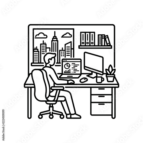 Businessman Working at Office Desk with City Skyline View Line Art