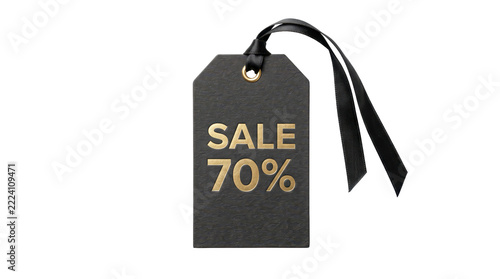 Black sale tag marked 70 percent discount on transparent background. Retail promotion and clearance sale. Shopping bargain and price reduction concept. E-commerce advertising graphic