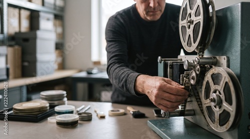 Technician carefully loading an old movie film reel into a vintage projector in an archival studio workshop