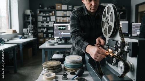 Professional technician loading a vintage celluloid film reel onto a mechanical projector in a modern digital editing studio workshop