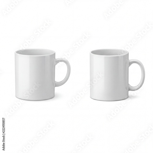 Pair of Plain White Coffee Mugs on White Background.