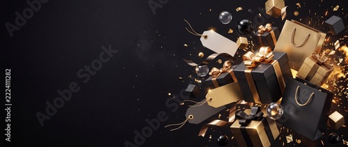 Black Friday promotional sale banner with floating luxury gold and black gift boxes, blank price tags, and shopping bags with copy space for advertising campaigns