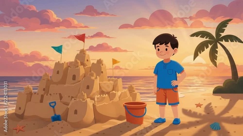 Little boy stands by a large sandcastle on the beach at sunset