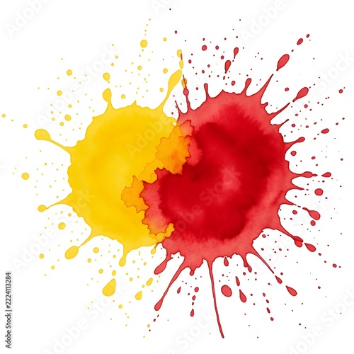 Abstract watercolor paint splashes blending yellow and red colors with fluid edges and scattered droplets creating dynamic artistic background effect on white surface