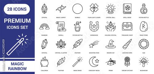 Comprehensive set of twenty-eight black and white line icons depicting magical, fantasy, and lucky for diverse applications